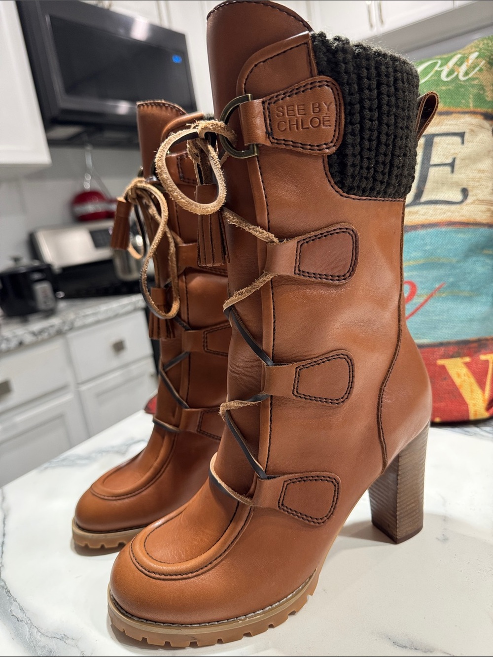 See By Chloe Cognac Brown Leather Lace-Up Heeled Ankle Boots